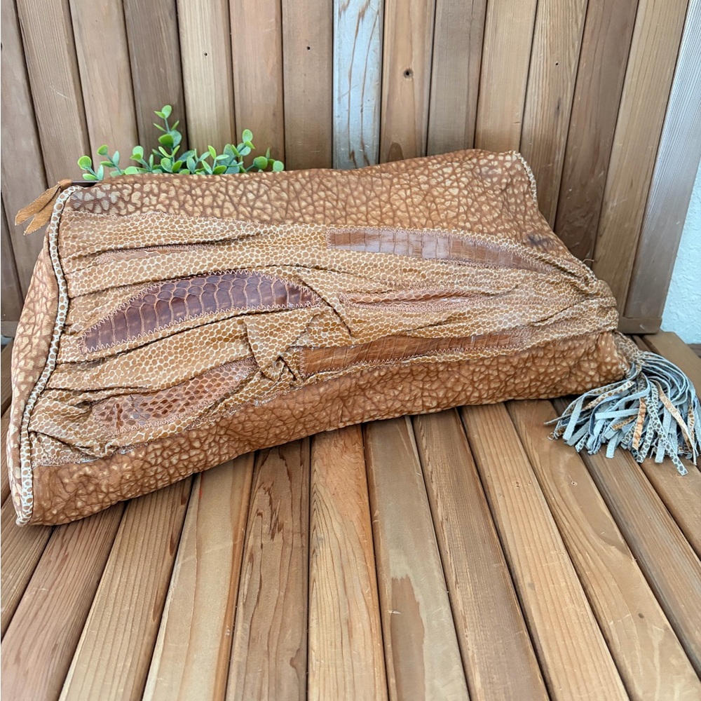 Arto Leather Rare Vintage Patchwork Croc Embossed Snakeskin Boho Clutch